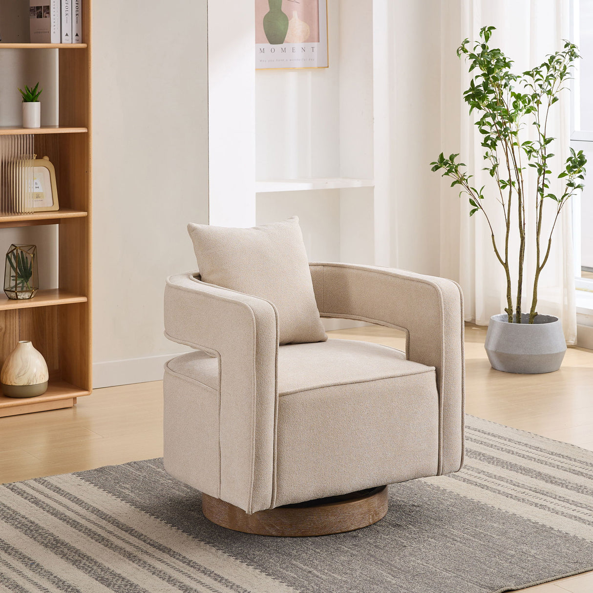 Swivel Accent Open Back Chair Modern Comfy Sofa Chair With Weathered Base For Living Room, Club Chair Leisure Arm Chair For Lounge - Beige
