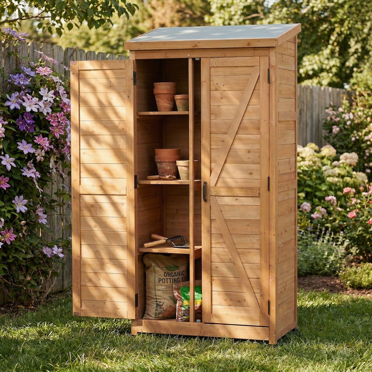 Outdoor Storage Shed With Vertical Tool Cabinet For Backyard