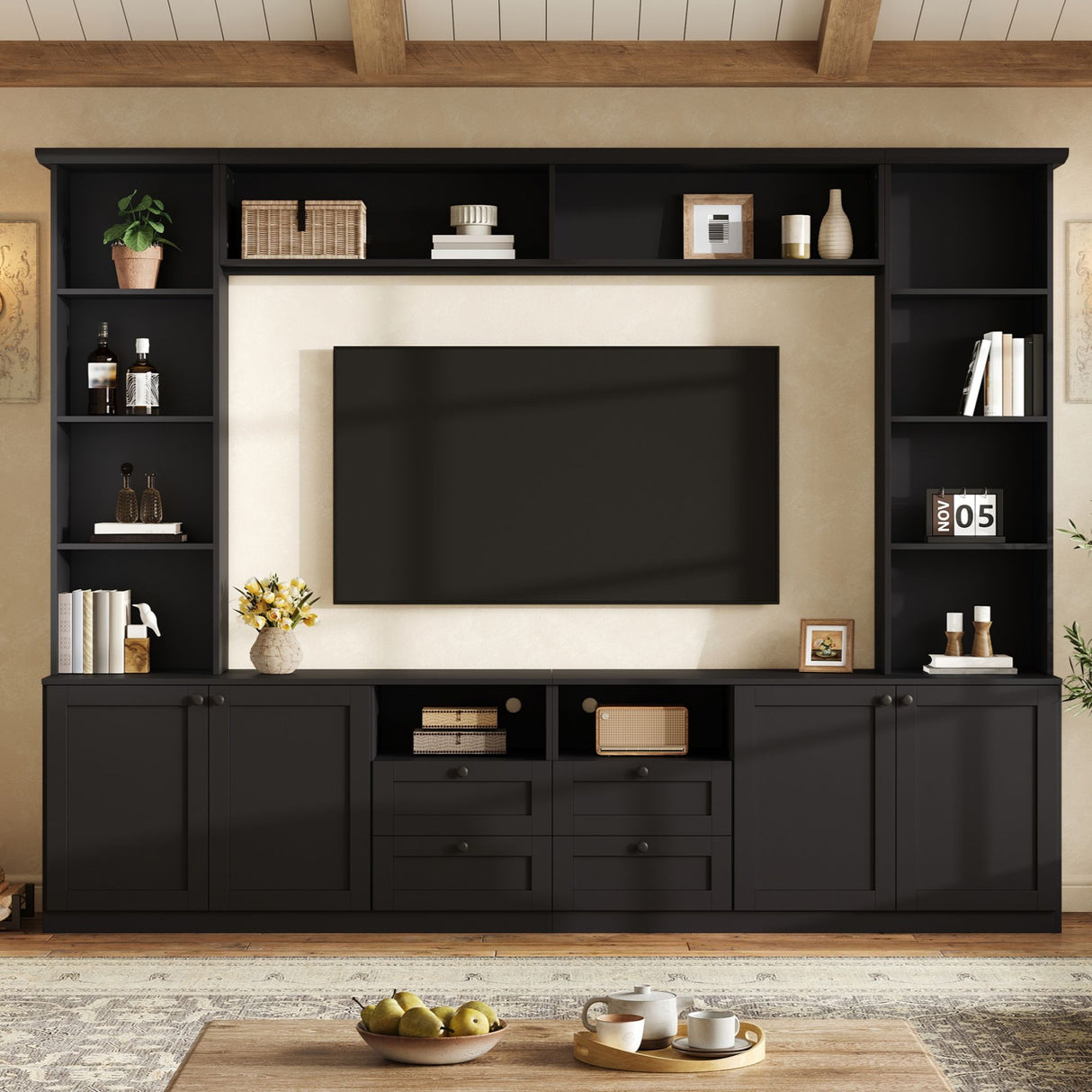 Farmhouse Elegant Entertainment Center Wall Unit With 4 Drawers
