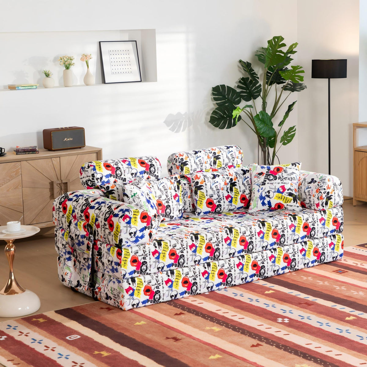 Pop Graffiti Printed Convertible Sleeper Sofa Bed, Foldable Multi Functional Couch For Living Room - White