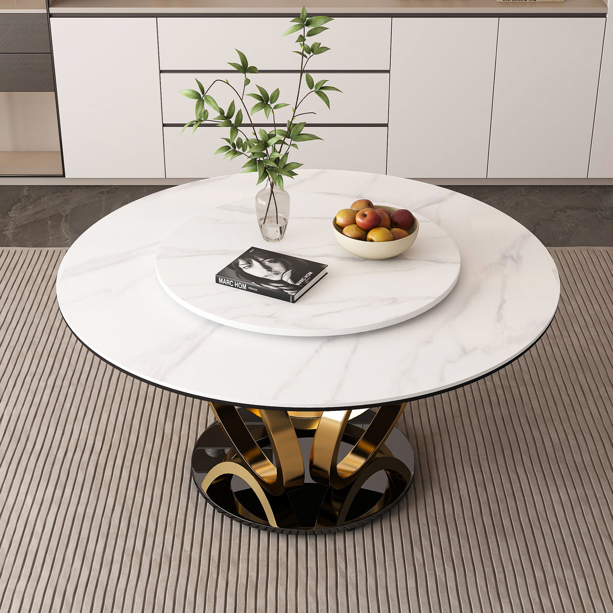 Round Dining Table With 360° Smooth Lazy Susan For Dining Room - Gold / Black / White