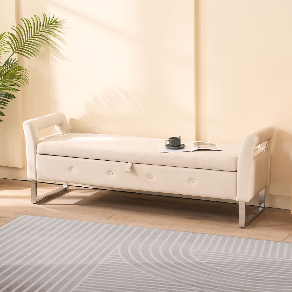 Wide Storage Soft Ottoman Bench With Armrests