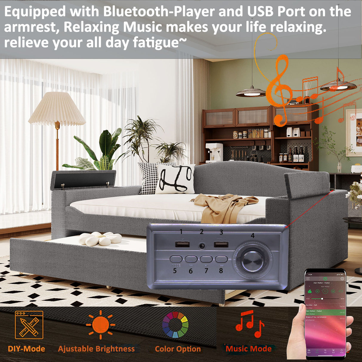 Upholstered Daybed With Storage Armrests, Trundle And Latest Integrated tooth Audio System