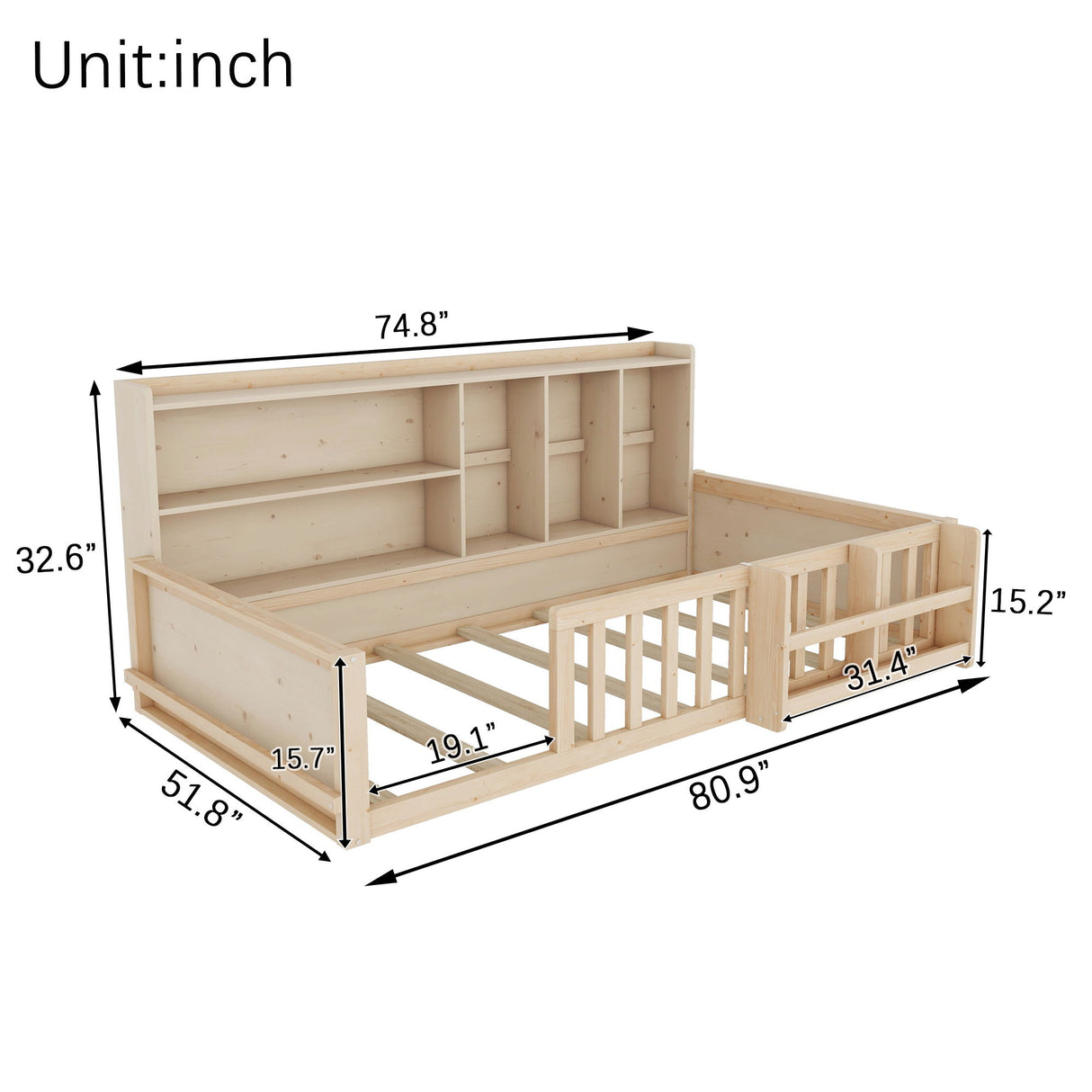 Platform Bed Frame With Guardrail, Storage Shelves & Bookshelf