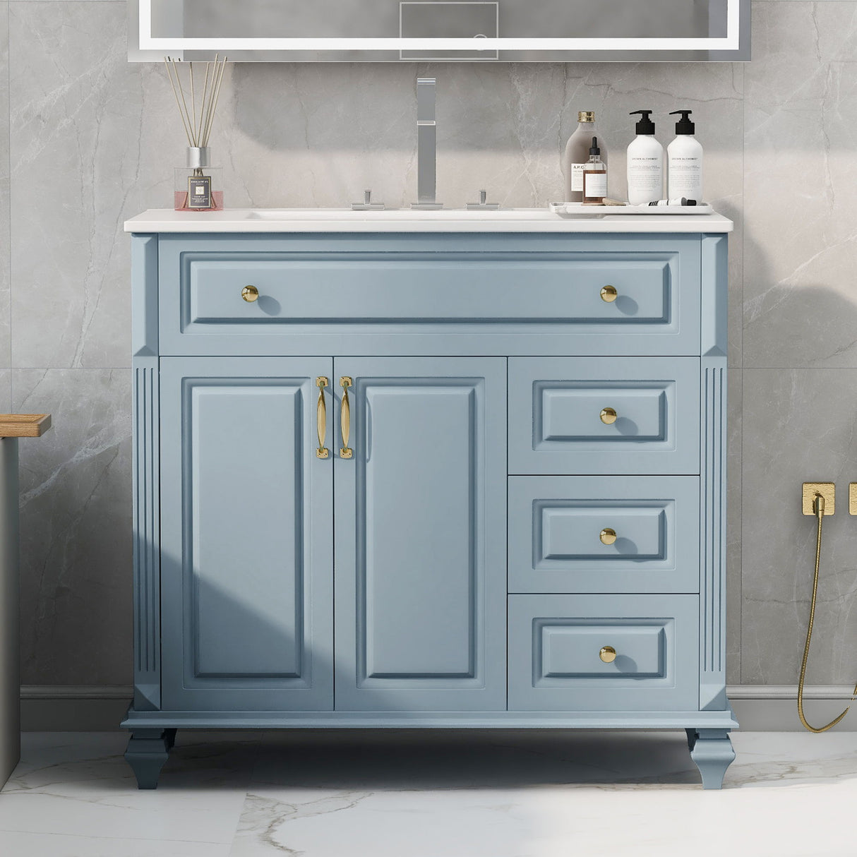 Modern Bathroom Vanity With Sink, 3 Drawers & 2 Doors
