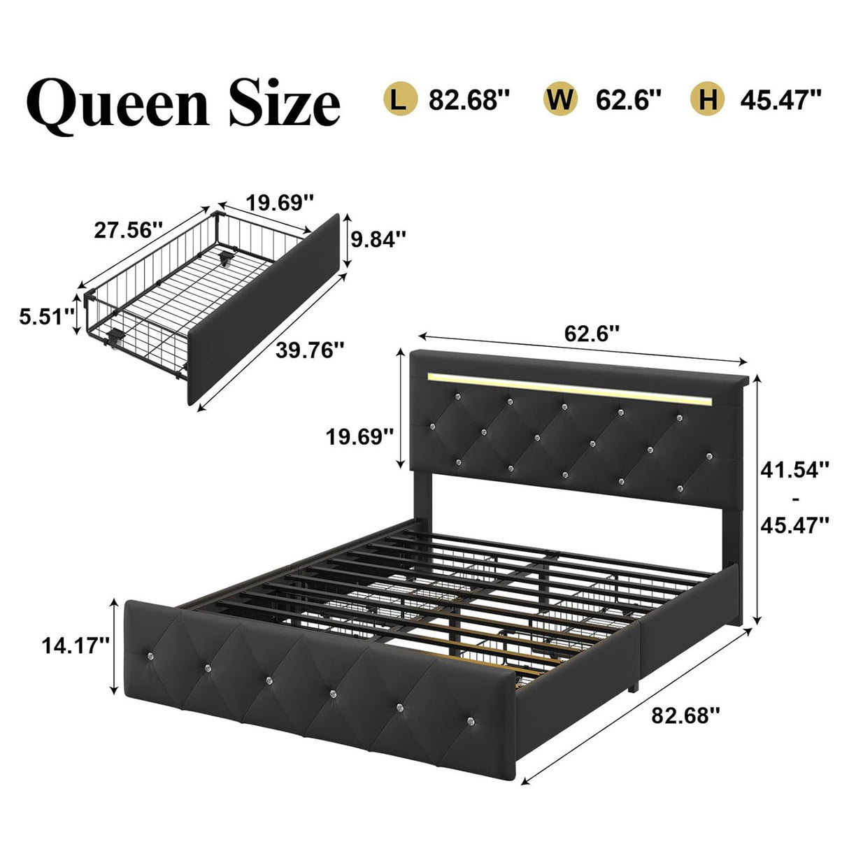 Upholstered Bed Frame With LED Lights, 4 Storage Drawers, Charging Station