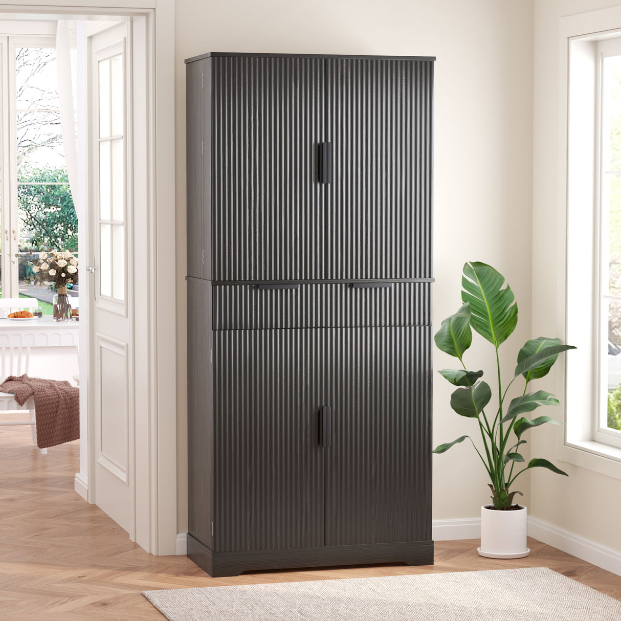 Fluted Kitchen Pantry Cabinet With 3 Keyboard Drawers & 6 Door Shelves Adjustable