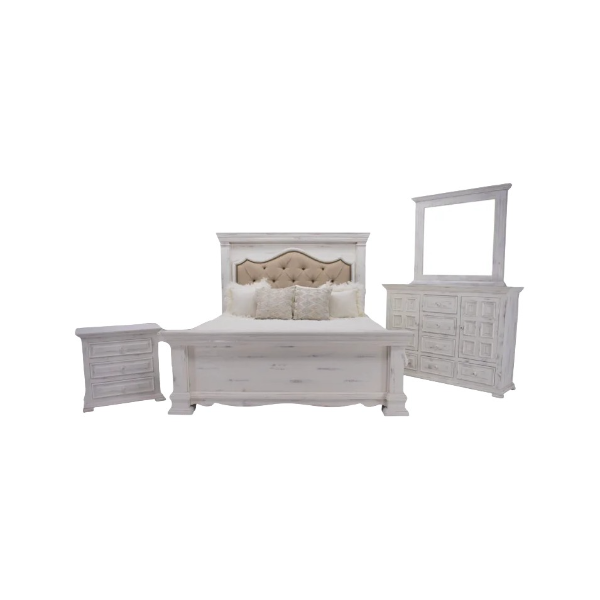 Chalet Queen Padded Bed Dresser Mirror & Nightstand - 3722QNW+3722QWFB+3722QWRS+3700DNW+3722M2NW+ 3701NSNW