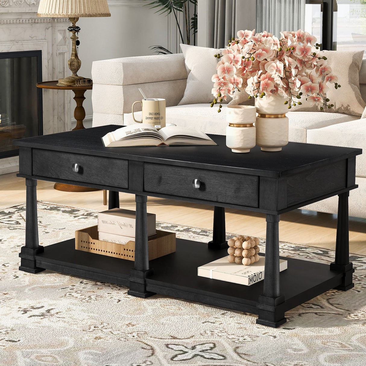 Coffee Table With 2 Storage Drawers & Lower Open Shelf