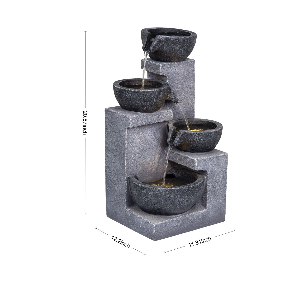 4 Tier Cascading Water Fountain With Warm LED Lights, Quiet Pump For Patio - Gray