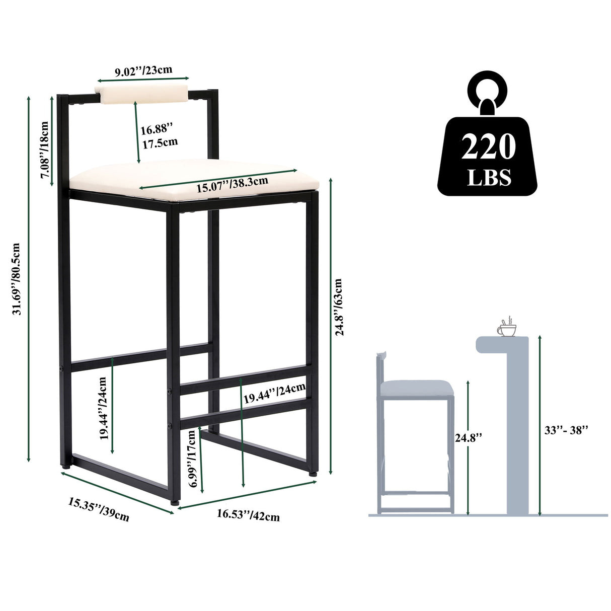Elegant Bar Stool Set With Backrest And Footrest, Counter Height (Set of 2)