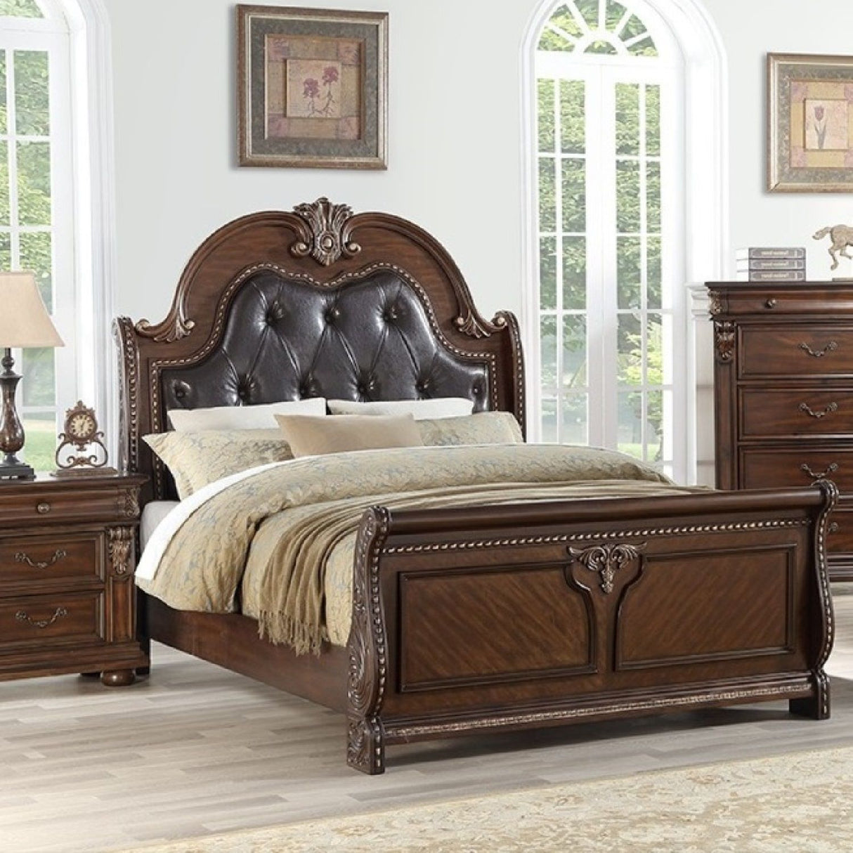 Bed & Carved Padded And Button Tufted Headboard