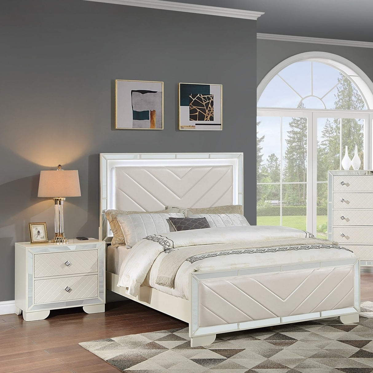 3 Piece Bedroom Contemporary Set, Bed With LED Lights And 2 Nightstands