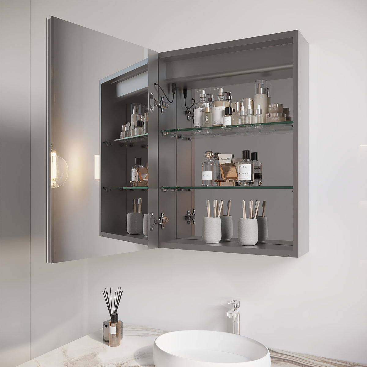Bathroom Medicine Cabinet With LED Mirror, Anti-Fog, Waterproof, 3000K~6000K Single Door Lighted Bathroom Cabinet With Touch Swich