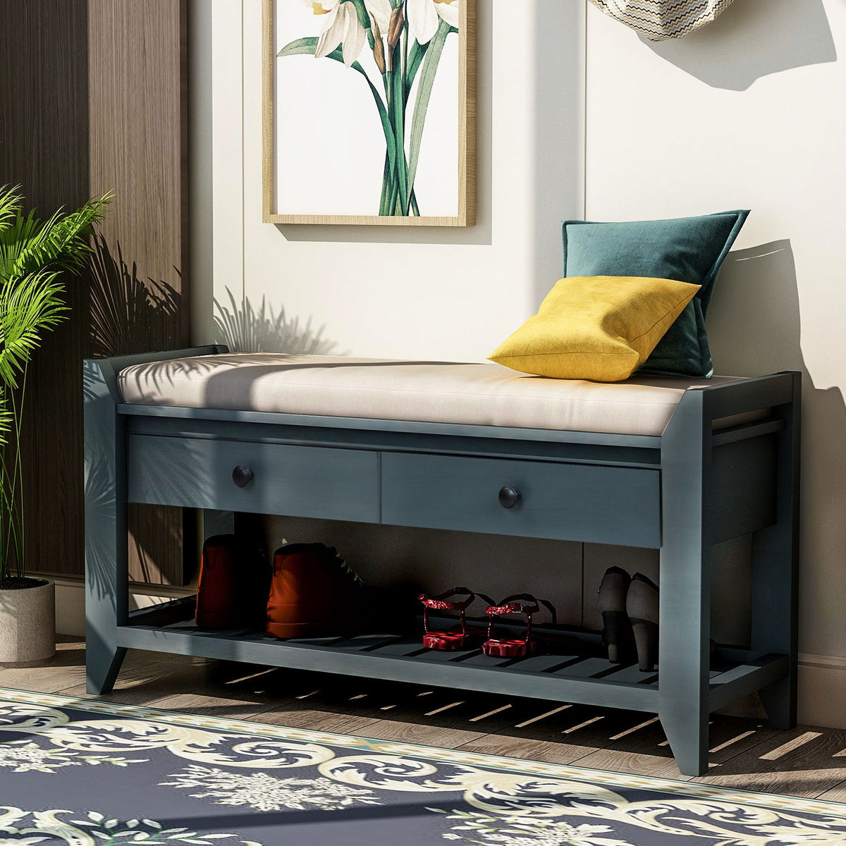 Multipurpose Entryway Shoe Rack With Cushioned Seat And Drawers