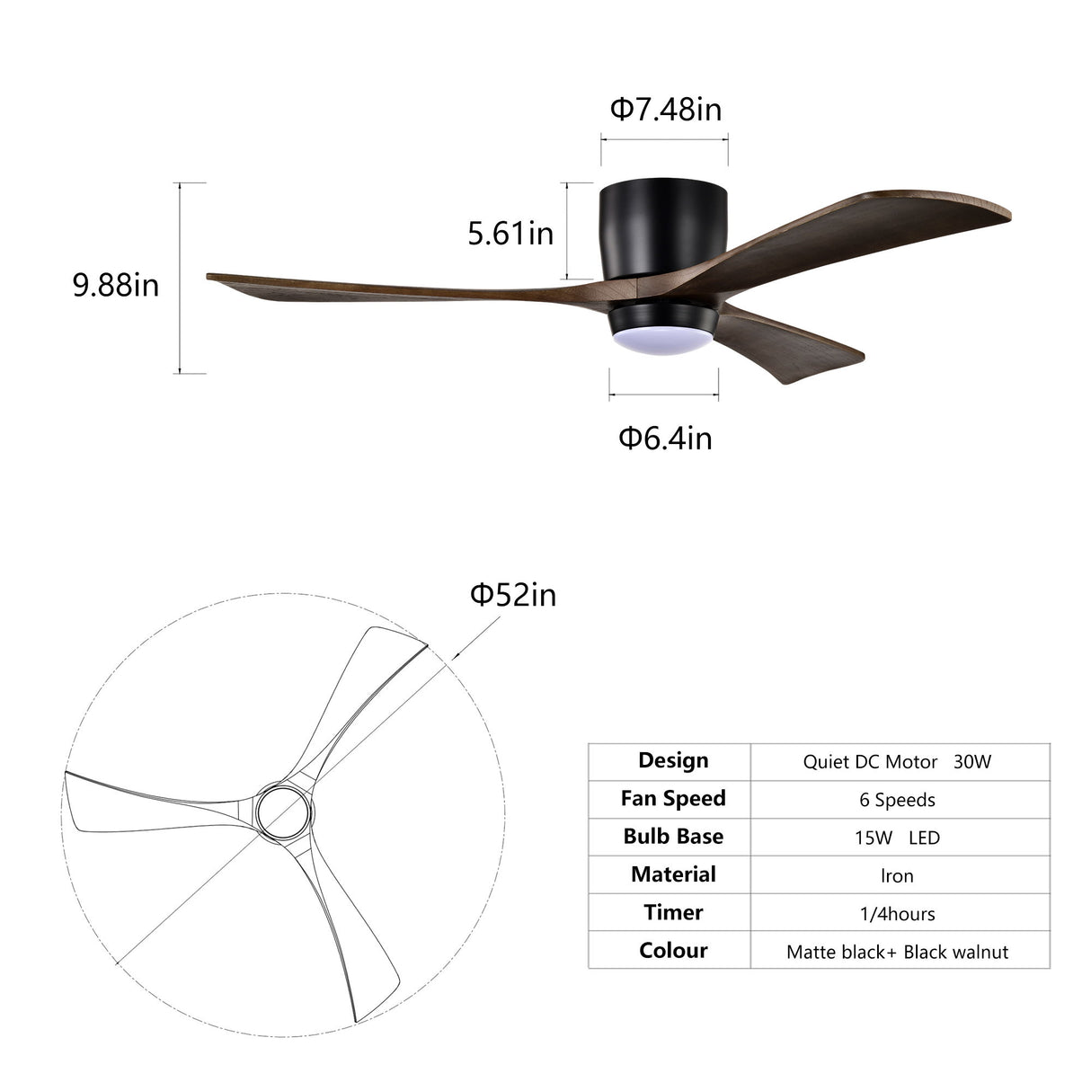 Flush Mount Blades Ceiling Fan With Lights Remote Control, Quiet DC Motor, 6 Speed, Reversible Ceiling Fan For Living Room - Matte Black