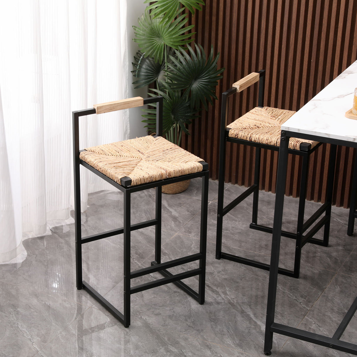 Water Hyacinth Woven Bar Stools With Back Support, Counter Height Dining Chairs (Set of 2) - Natural