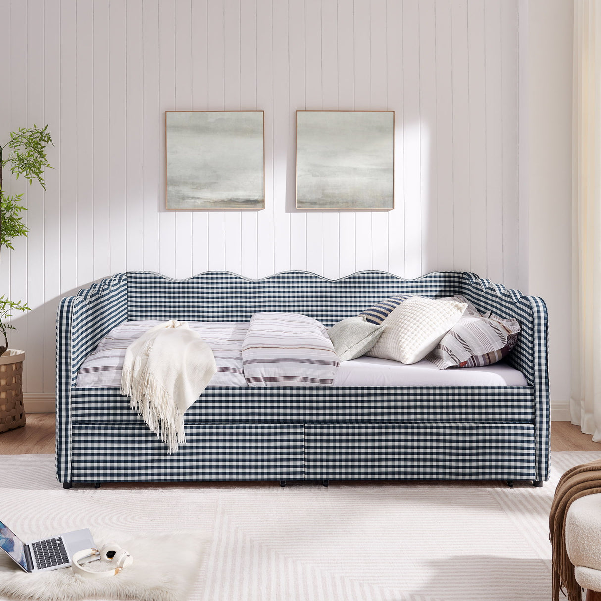Gingham Daybed & USB Charging Port, Wave Shaped Design