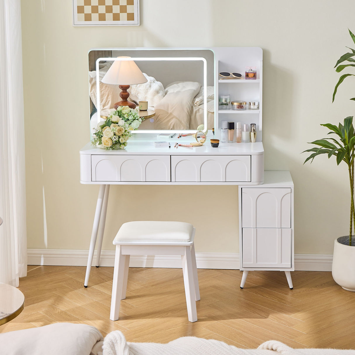 Modern Makeup Vanity Desk With LED Lights & Mirror 4 Drawer Dressing Table Set Space Saving For Bedroom - White