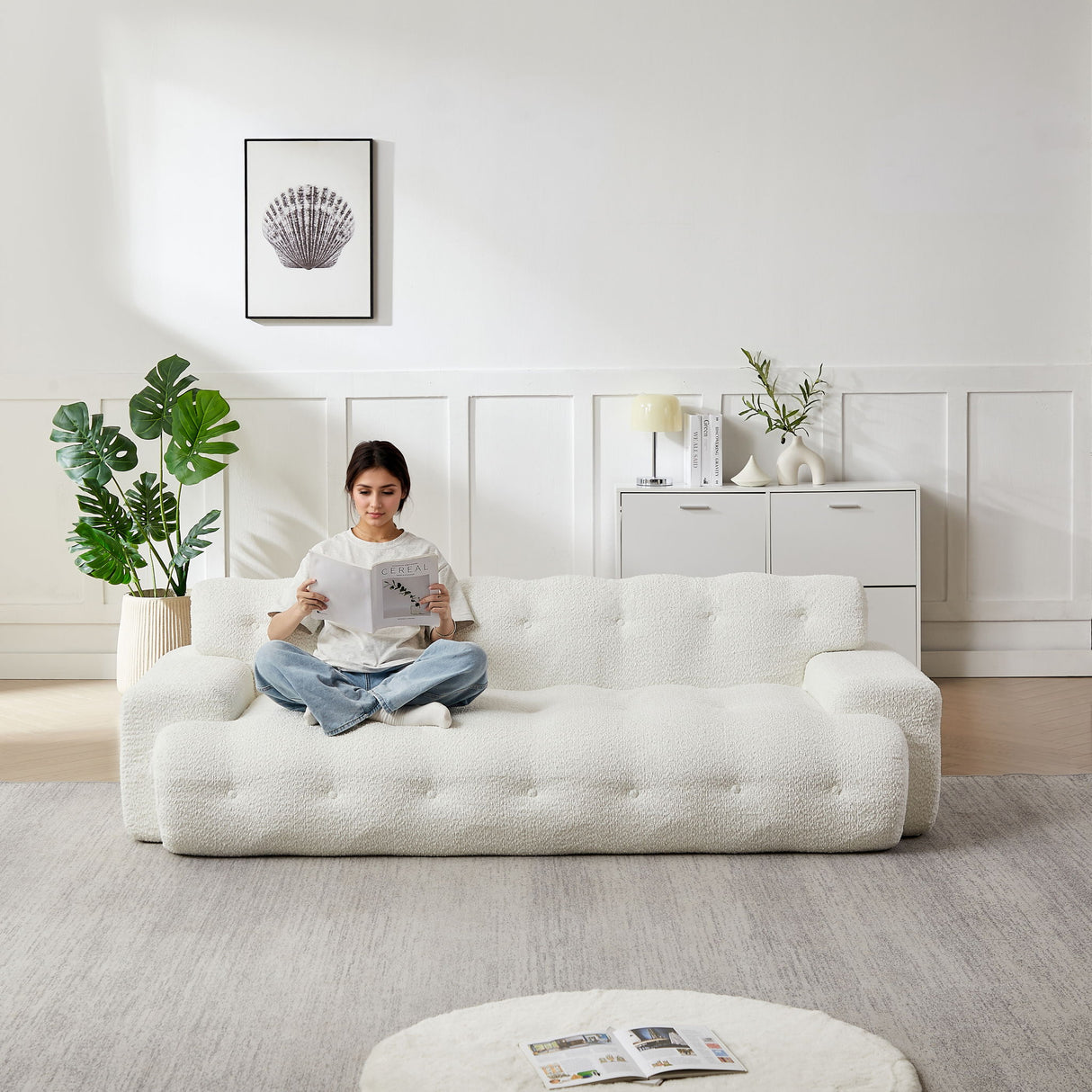 Cloud Series Minimalist Button Tufted Square Arm 3 Seater Sofa