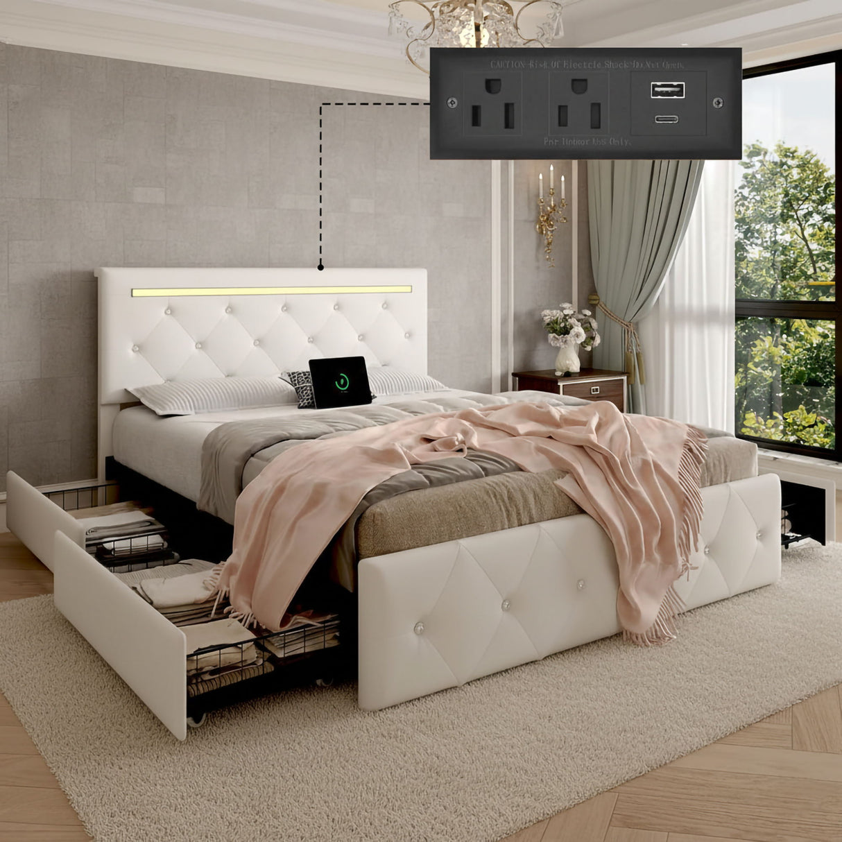 Upholstered Bed Frame With LED Lights, 4 Storage Drawers, Charging Station