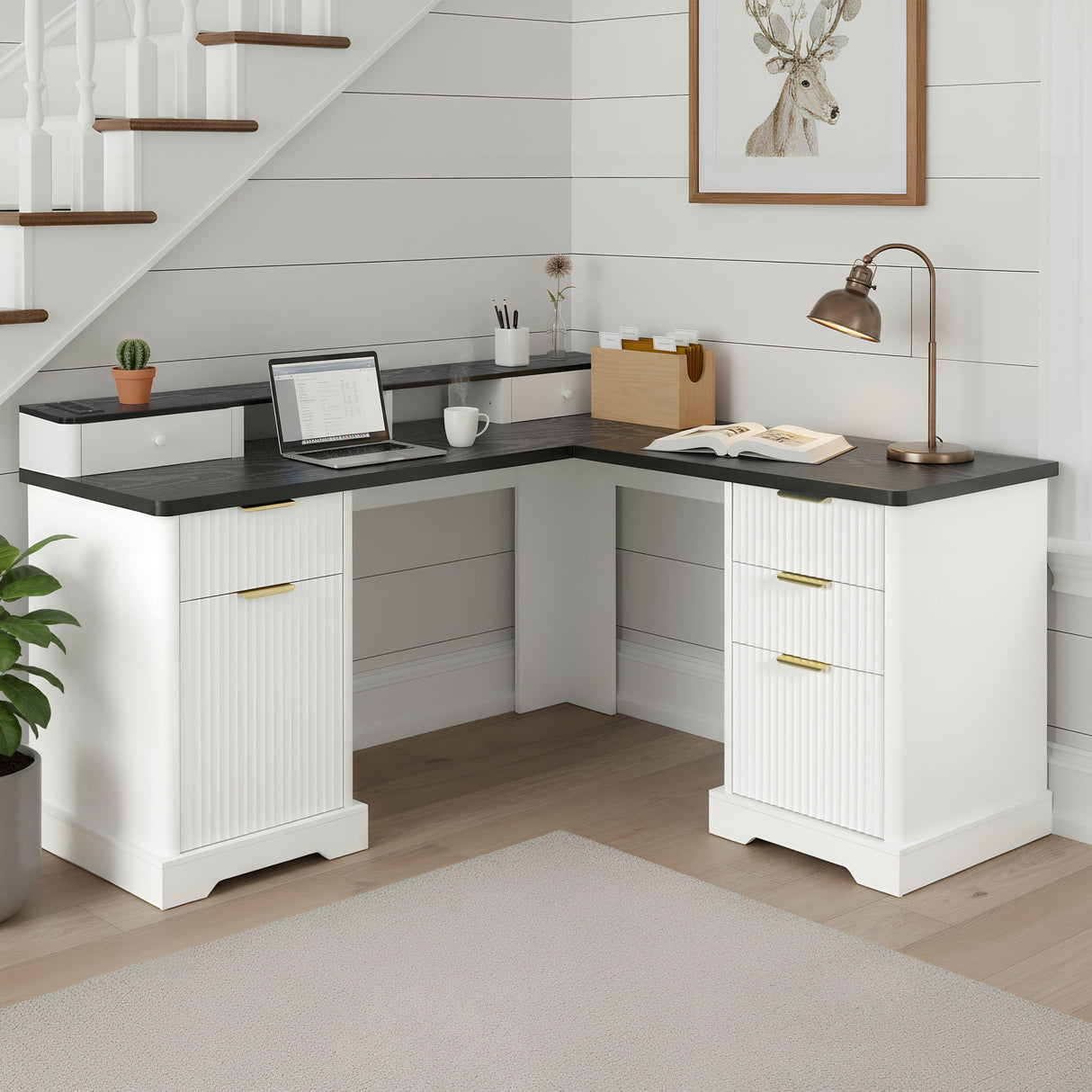 Fluted L-Shaped Desk With Charging Station & Storage Cabinet