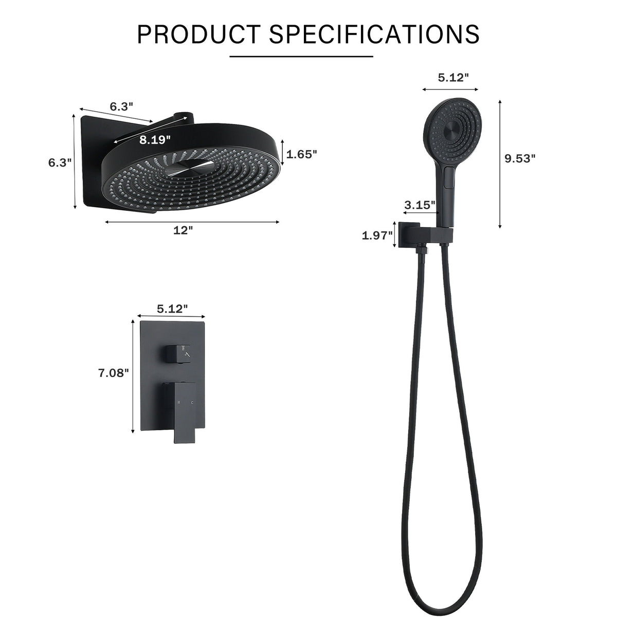 Concealed Shower System 2 Function Set With Control Valve - Matte Black