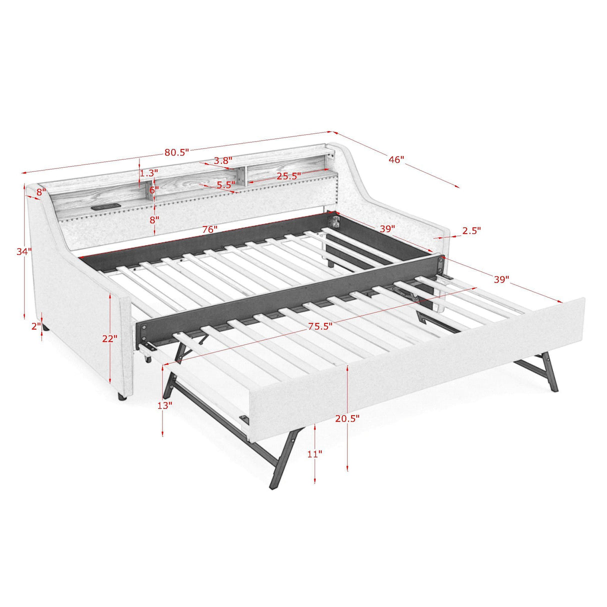 Upholstered Sofa Bed With LED Lights, Storage Headboard, Foldable Trundle & Wireless Charging