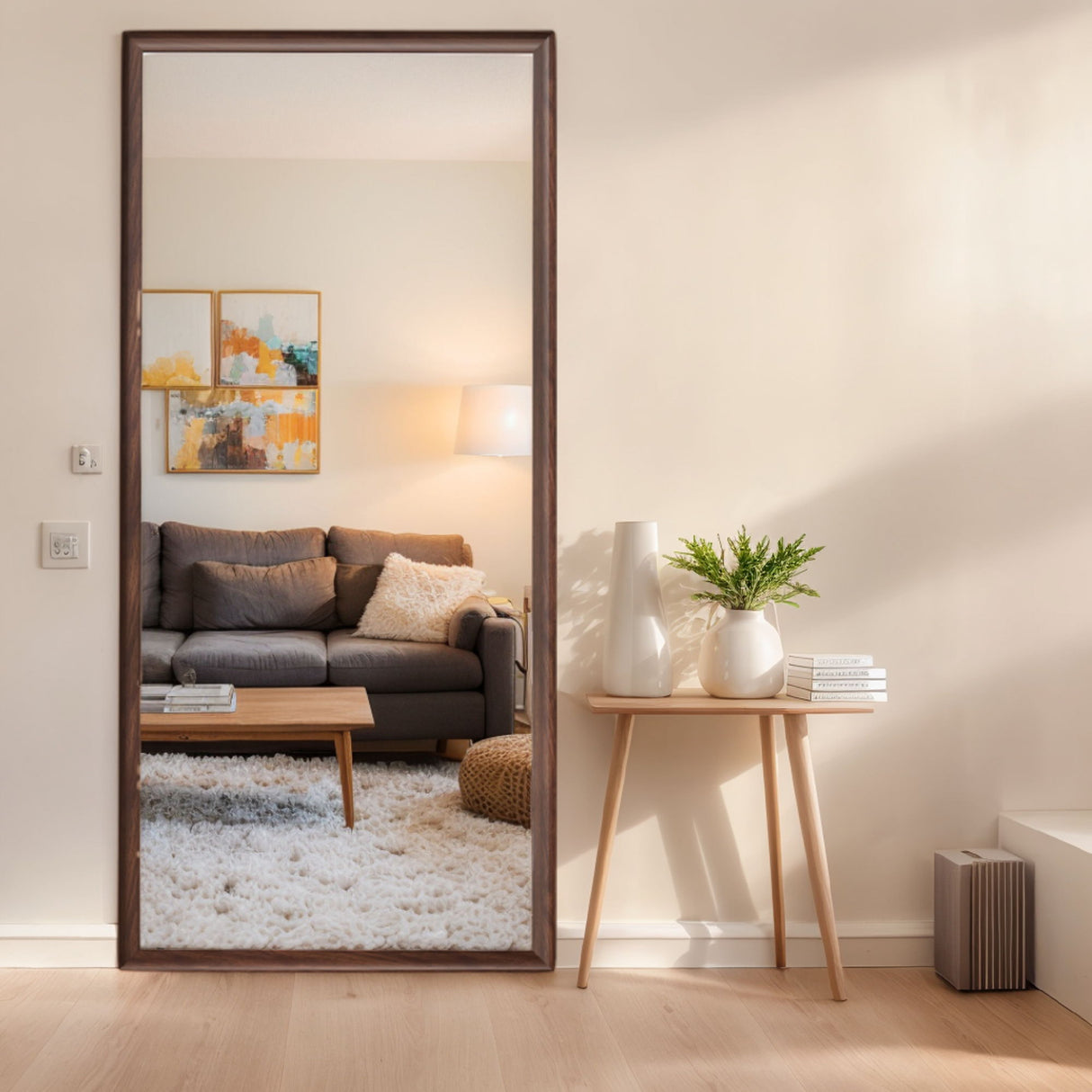 Vintage Full Length Mirror Wall Mounted With Faux Wooden Frame - Brown