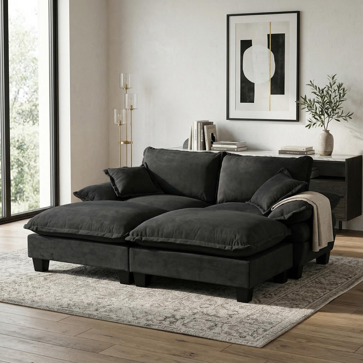 Modular Sectional Sofa With Movable Ottoman & Pillows