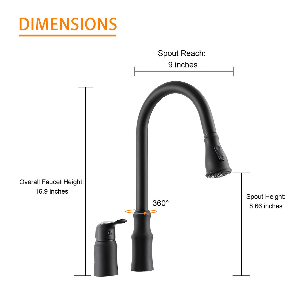 16.9" Kitchen Sink Faucet With Separate Handle And Pull Down Sprayer, Lead Free Brass - Matte Black