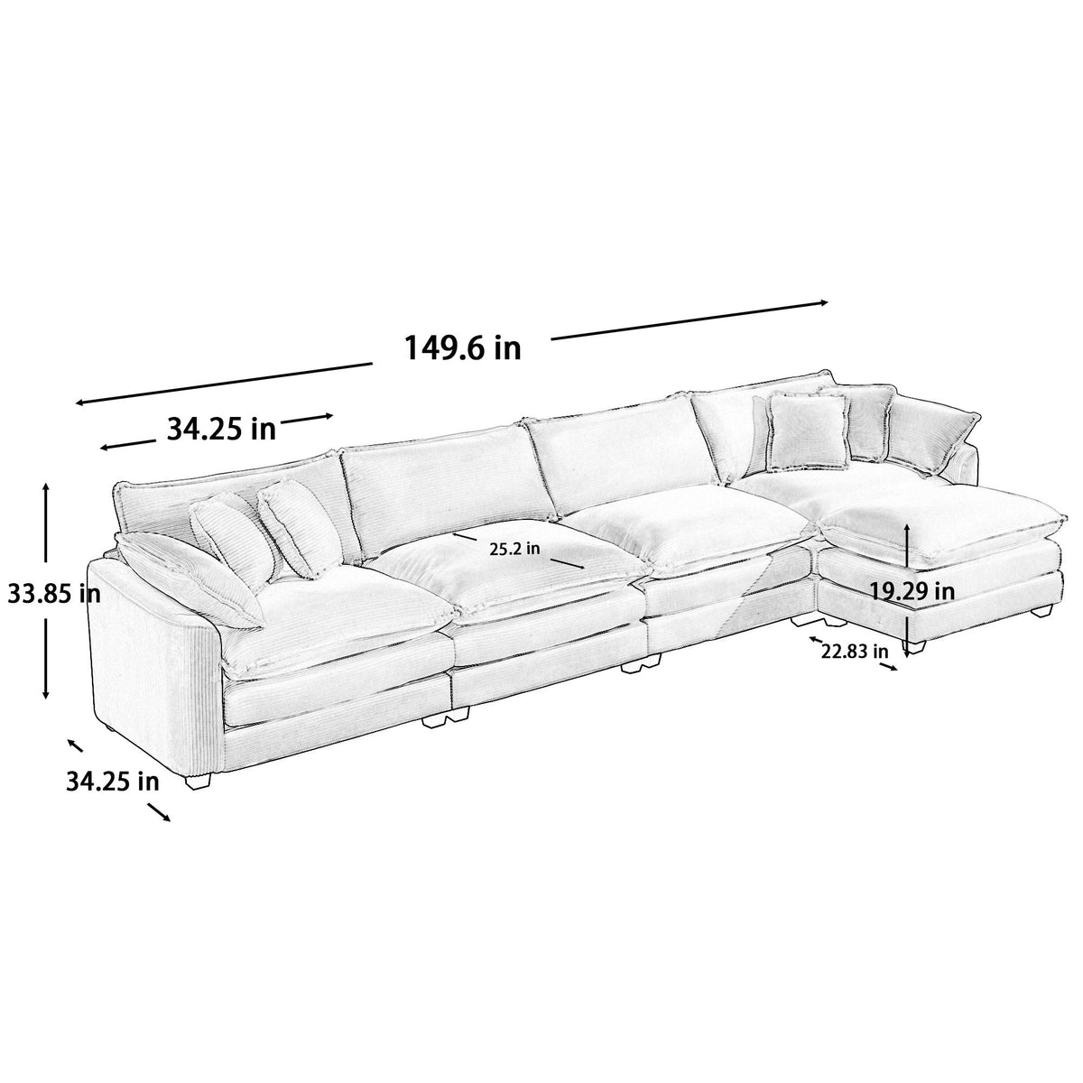 Modern Oversized Modular Cushion Sofa With Ottoman, Low Back, Deep Seating Sofa Set