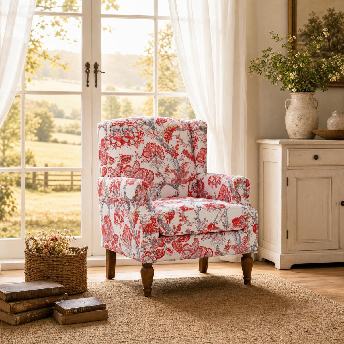 Accent Chair With Floral Upholstery And Nailhead Trim