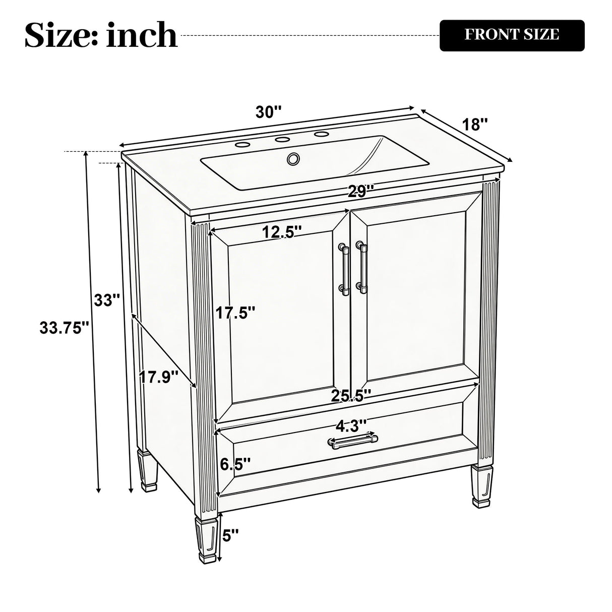 Elegant Fluted Bathroom Vanity With Sink, Soft Close Doors & Drawer