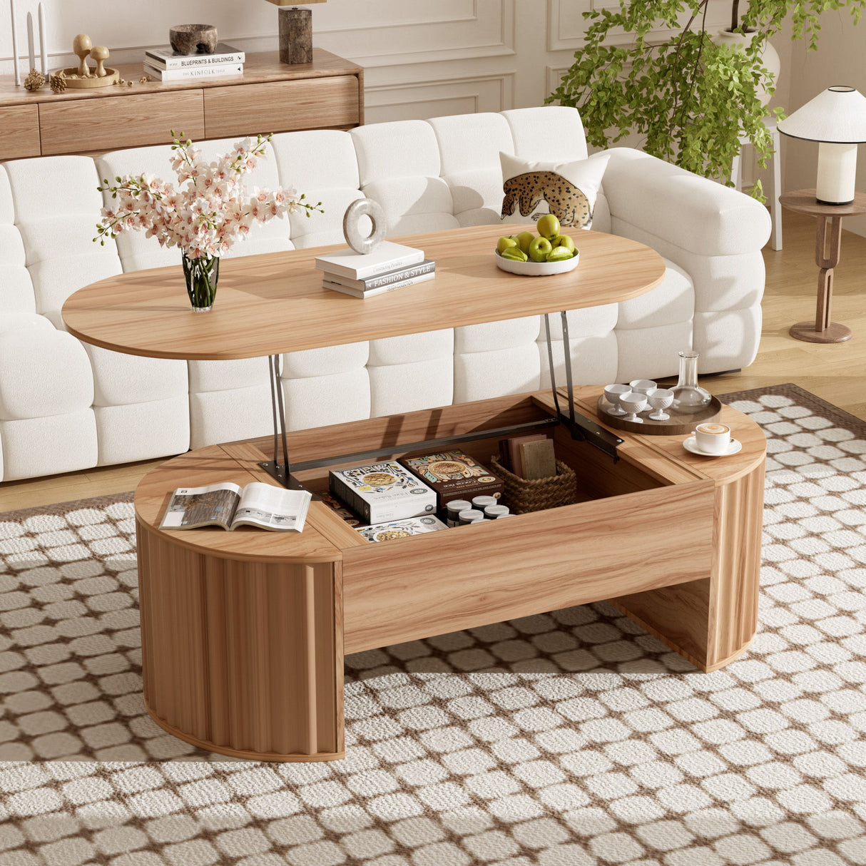 Lift Top Coffee Table With Hidden Compartment, Modern Oval Lift Tabletop For Home Living Room