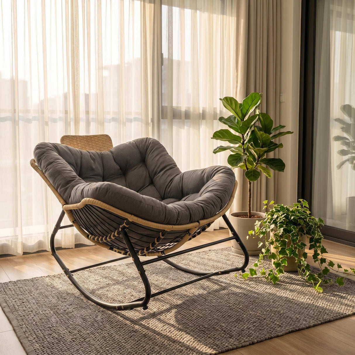 Oversized Papasan Rocking Chair Outdoor With Thick Cushion