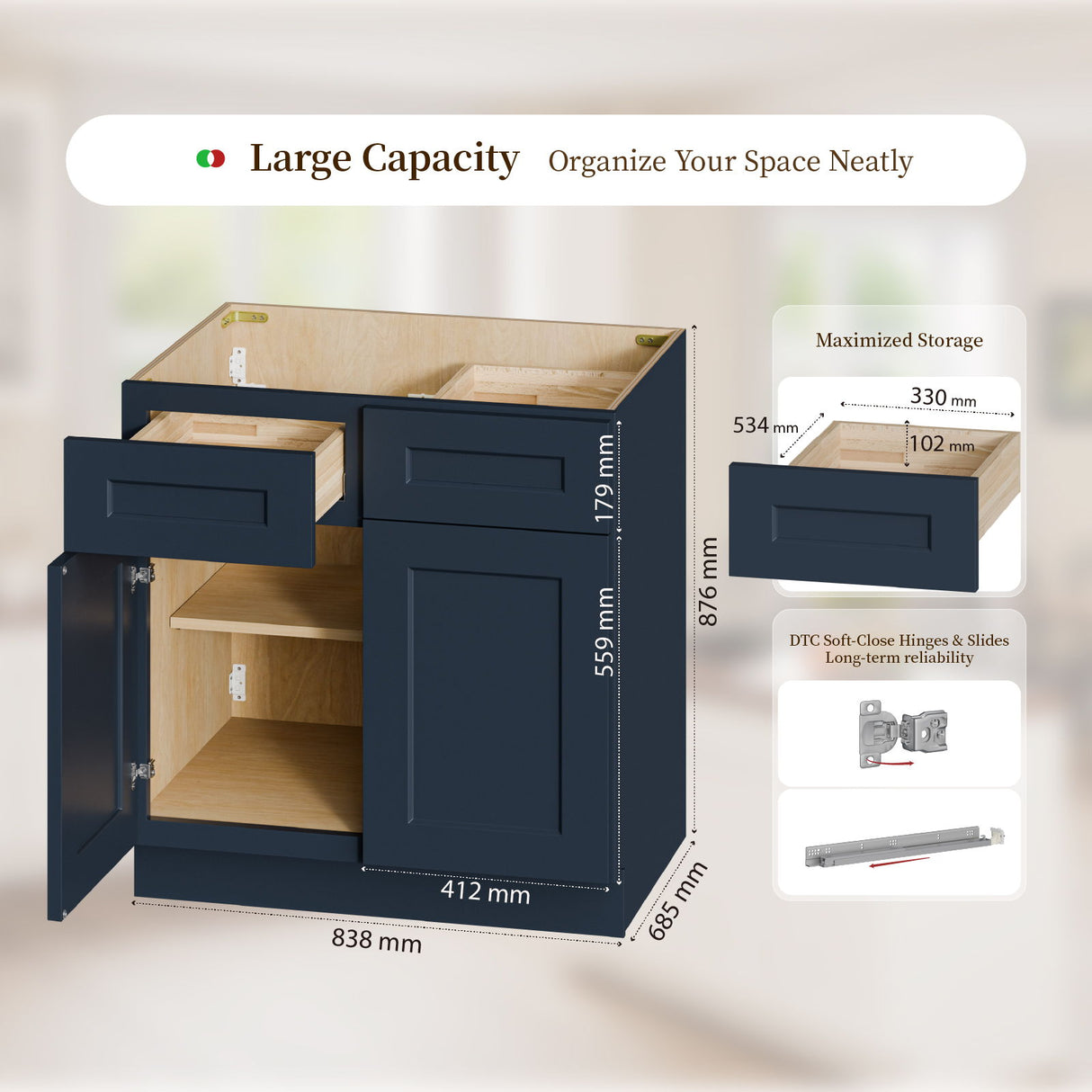 Shaker Base Cabinet With Soft-Close Hinges, Adjustable Shelf