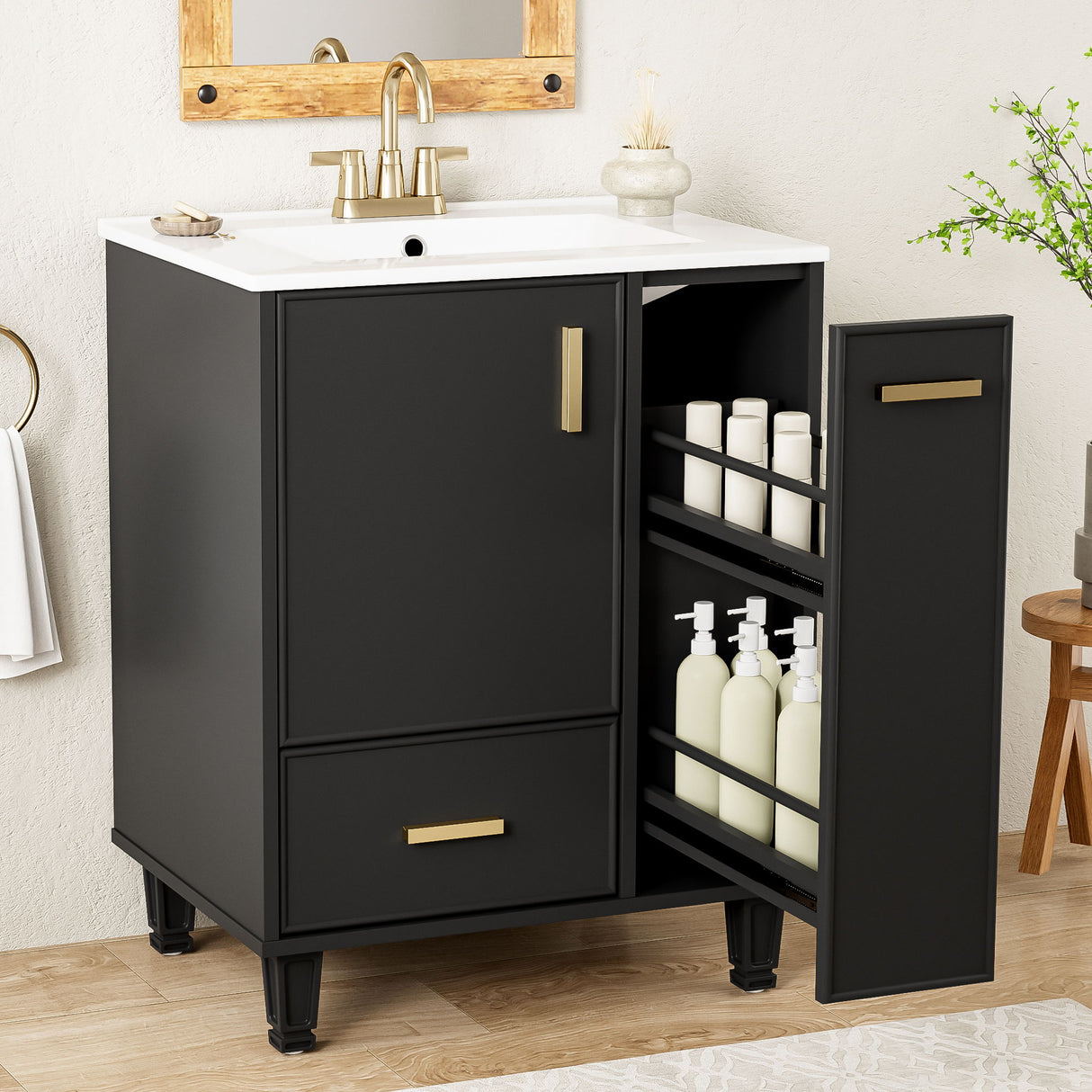 Bathroom Vanity With Sink, Deep Drawer And Pull Out Basket, Rectangular Design - Black
