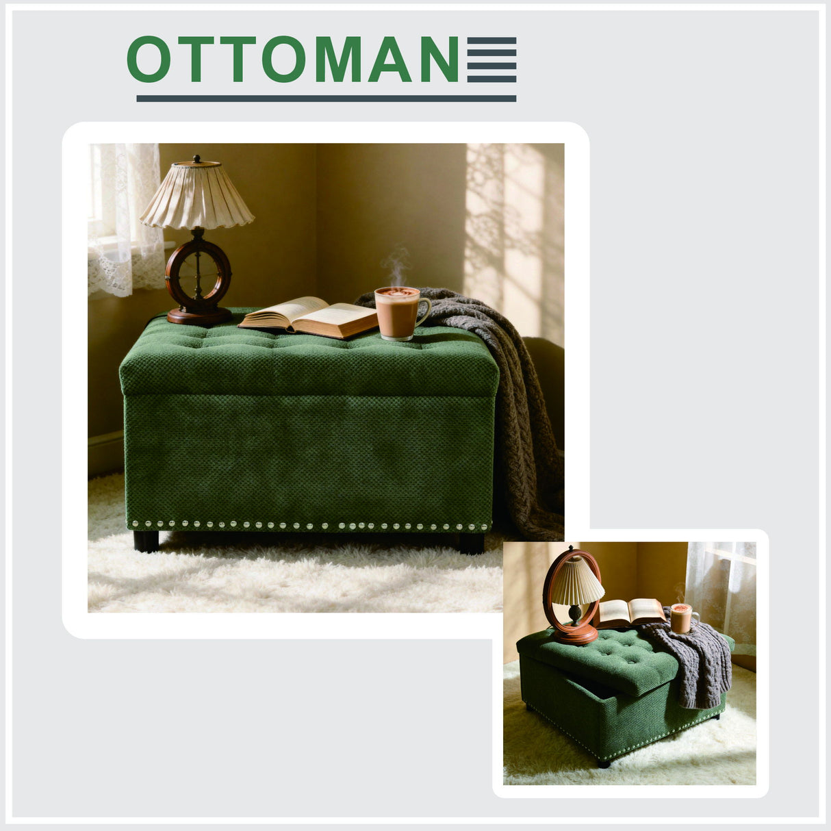 Square Tufted Storage Ottoman With Nailhead Trim