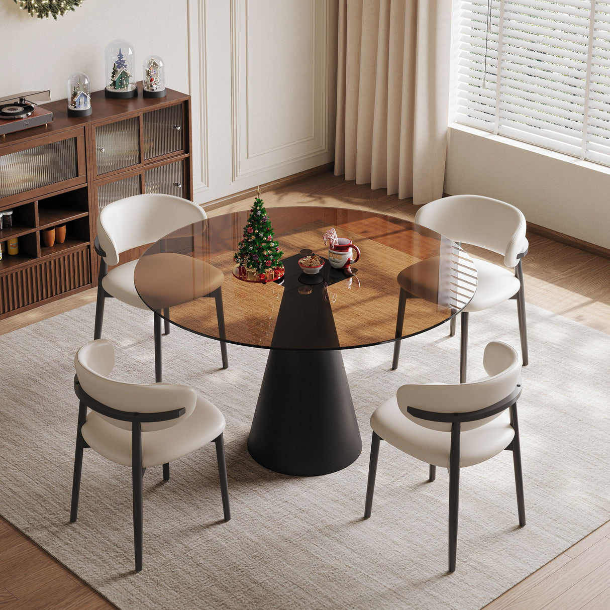 Round Dining Table With Tempered Glass Top - Black / Brown