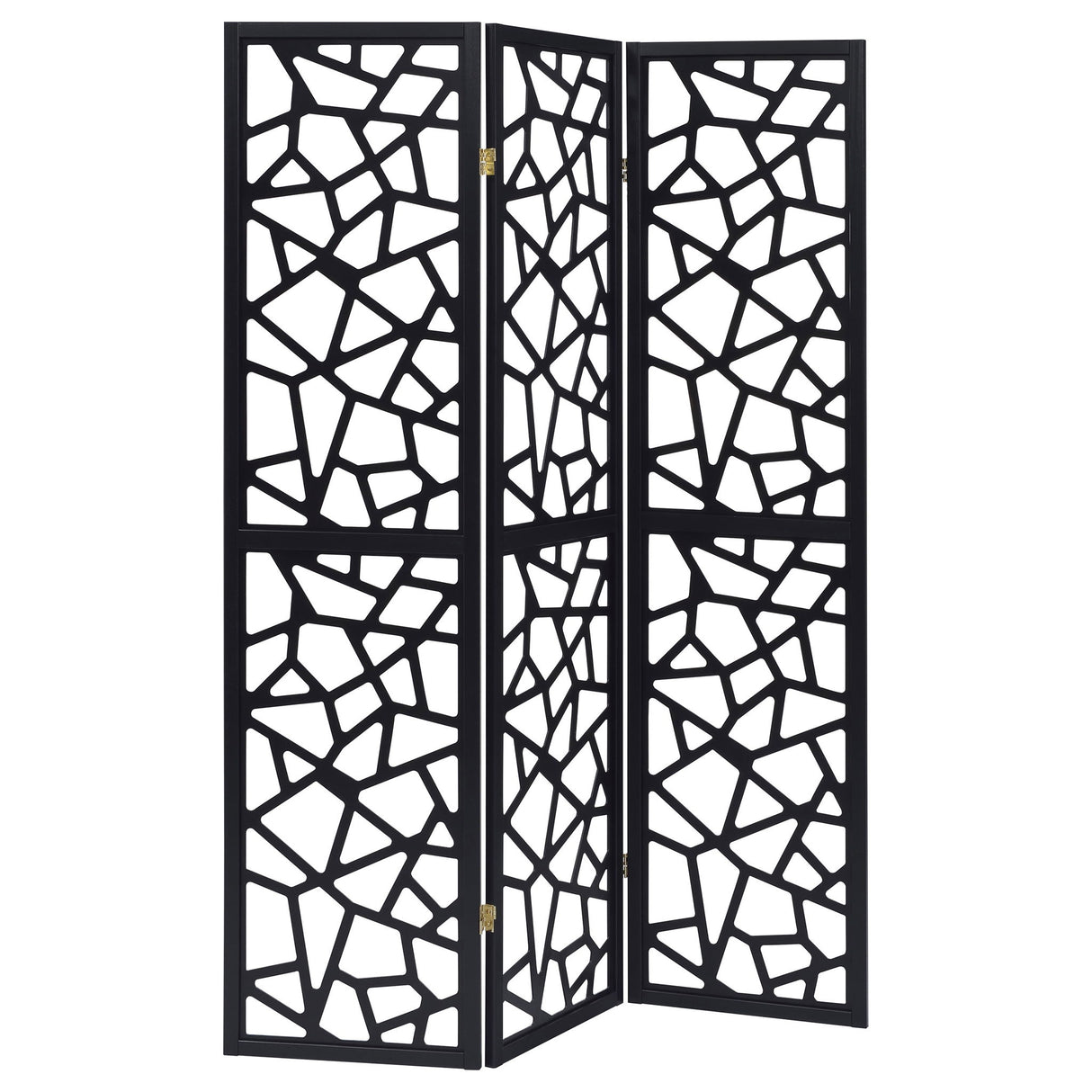 3 Panel Folding Screen With Mosaic Cutout Design - Black
