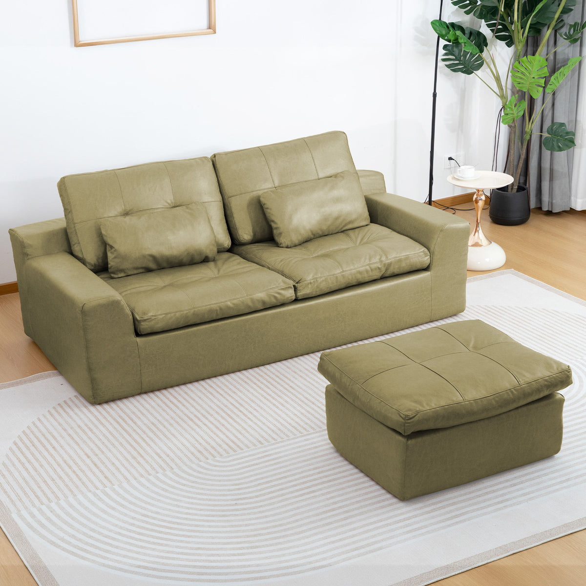 L - Shaped Modular 2 Seater Sofa With Movable Ottoman And High Density Sponge Cushions For Living Room