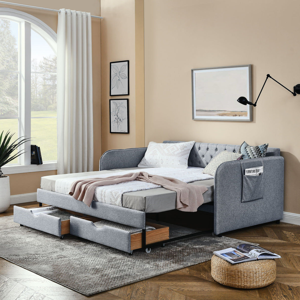 Daybed With Trundle And Storage Drawers, Flat Arms With Pocket