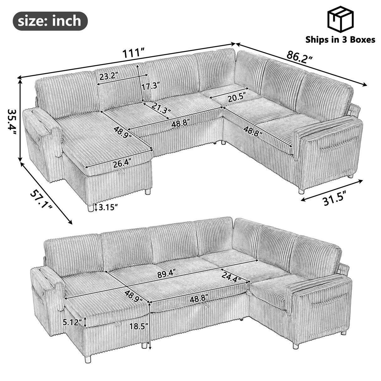 Convertible U-Shaped Sectional Sofa Bed With USB Ports And Storage