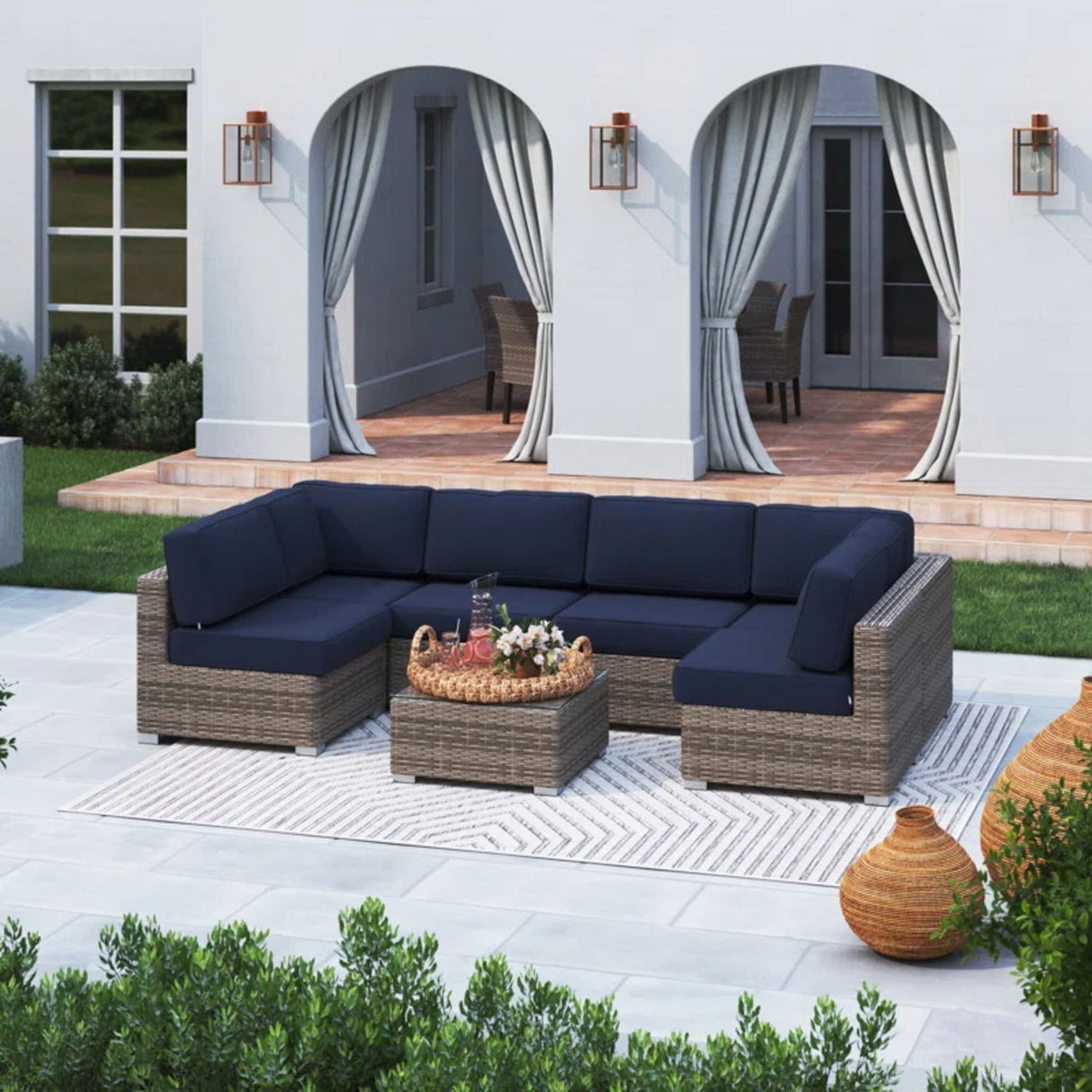 Seating Set With Cushions Handcrafted Wicker Design