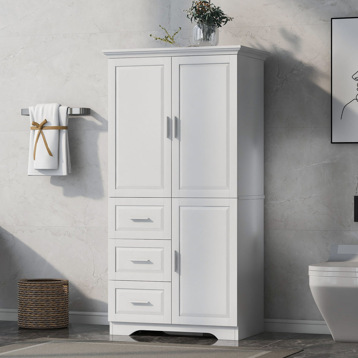 Tall And Wide Storage Cabinet With Doors, 3 Drawers