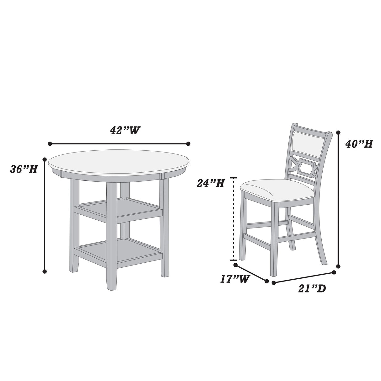 5 Piece Counter Height Dining Set With Storage Shelves Round Table And Upholstered High Chairs - Gray