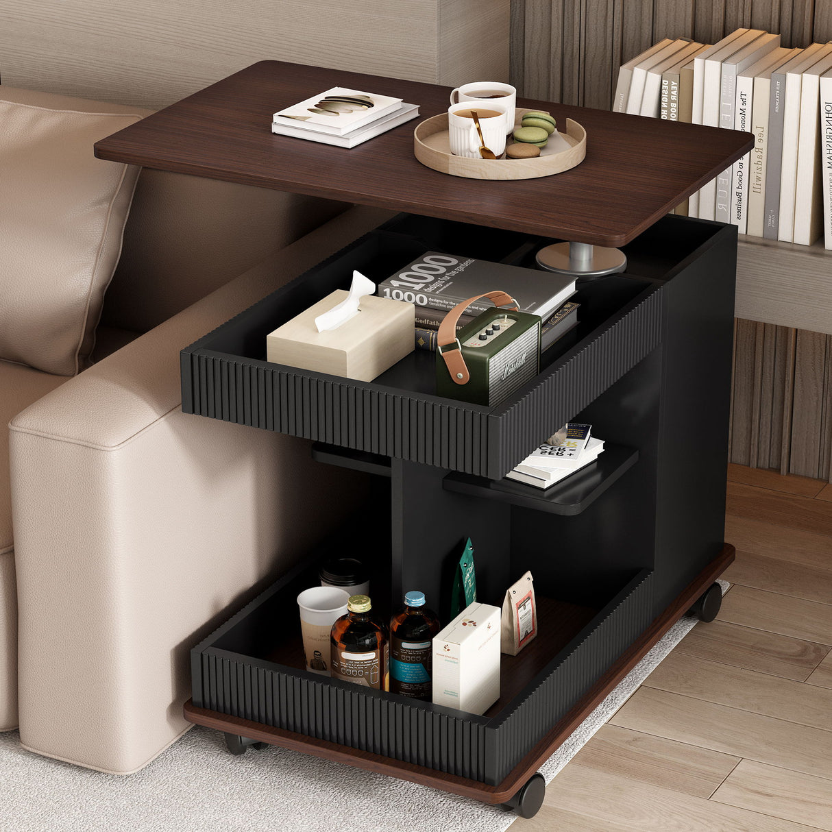 Adjustable End Table With Wheels, 360°Rotating Top And Storage Space