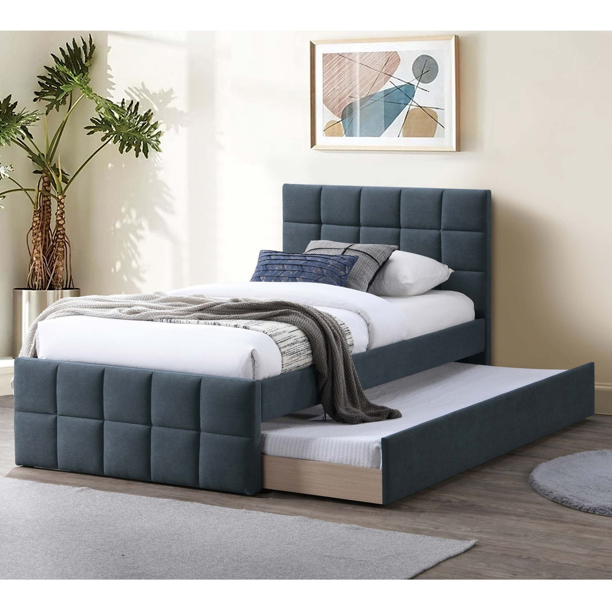 Contemporary Style Bed With Trundle Upholstered Headboard And Footboard Grid Pattern