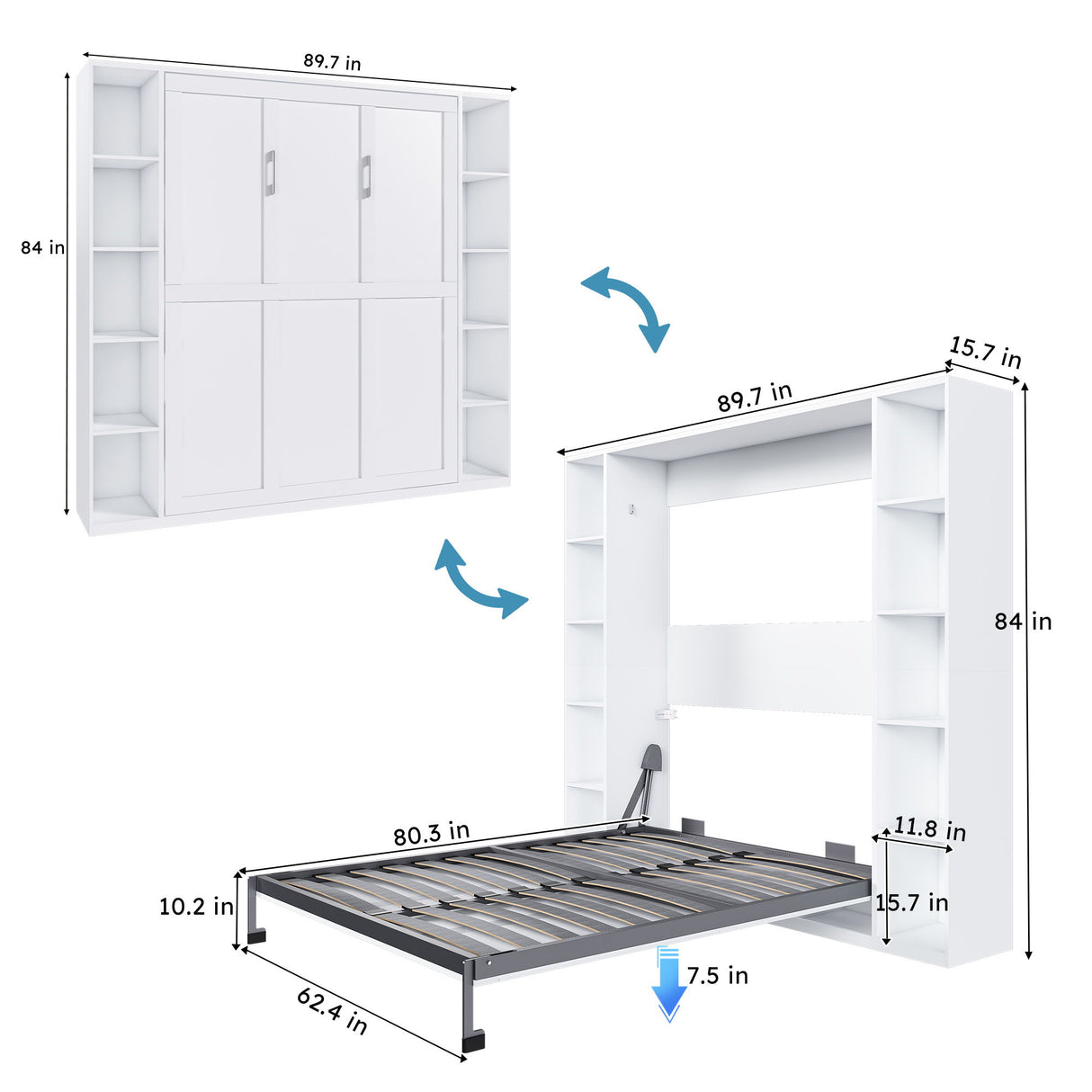 Queen Murphy Bed With Storage Cabinet, Foldable Wall Bed For Bedrooms - White